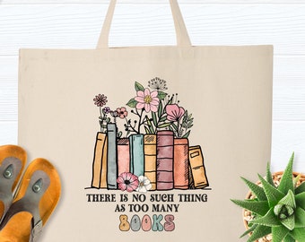 Book Lovers zippered tote bag,there is no such thing as too many books tote, Library tote Bag, Bookworm bag, book tote bag, book canvas tote