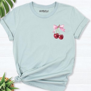 Cherry T-Shirt, Pink bow Cherry shirt, Fruit shirt, Summer Shirt, Vegan Food Shirt, Foodie Gift, Cherry Aesthetic Shirt,Cherry Love gift tee