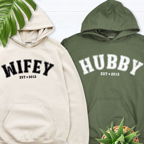 personalized est wife husband hoodie, wifey hubby sweatshirt, honeymoon long sleeve, anniversary couple gift sweat, custom wife hubs tshirt