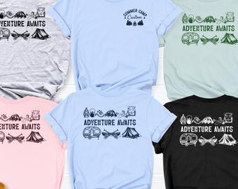 summer camp custom shirt, Camp Adventure Awaits shirt, Custom Camping Family Shirt, Camp group shirts, Camping Trip tshirt, women camp shirt