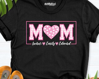 Pink Heart Mom with kids names shirt, Valentines day mom shirt, Mothers Day Shirt, Retro Mom Tshirt, Custom mom shirts, Mothers day tees mom