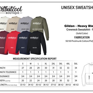 Puede incluir: Sudadera con cuello redondo unisex Gildan Heavy Blend, disponible en varios colores, incluyendo blanco, arena, gris deportivo, verde militar, granate, rojo, azul marino y negro. La sudadera est&aacute; hecha de 50/50 algod&oacute;n/poli&eacute;ster preencogido. Se incluye una tabla de tallas con medidas en pulgadas.
