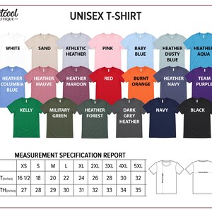 The image is a color chart displaying various colored t-shirts, along with a measurement specification report for the t-shirts.