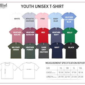 The image is a collage of various t-shirt designs, including different colors and styles, along with a measurement specification report for the youth unisex t-shirt.