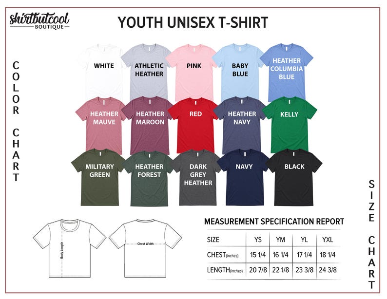 The image is a collage of various t-shirt designs, including different colors and styles, along with a measurement specification report for the youth unisex t-shirt.