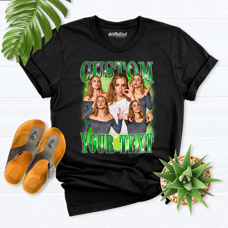 May include: Black t-shirt with a custom design featuring a collage of images and the text "CUSTOM YOUR TEXT" in green. The design includes multiple images of a person in various poses.