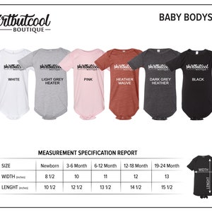Peut inclure: Un tableau des tailles pour des bodys b&eacute;b&eacute; en six couleurs&nbsp;: blanc, gris chin&eacute; clair, rose, mauve chin&eacute;, gris chin&eacute; fonc&eacute; et noir. Le tableau indique les mesures de largeur et de longueur en pouces pour les nouveau-n&eacute;s &agrave; 19-24&nbsp;mois.