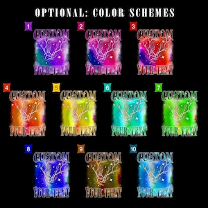May include: A graphic design featuring ten color scheme options. Each design includes the word "CUSTOM" above the text "YOUR TEXT", with a lightning bolt and star design. The background colors vary, including purple, red, orange, and blue.