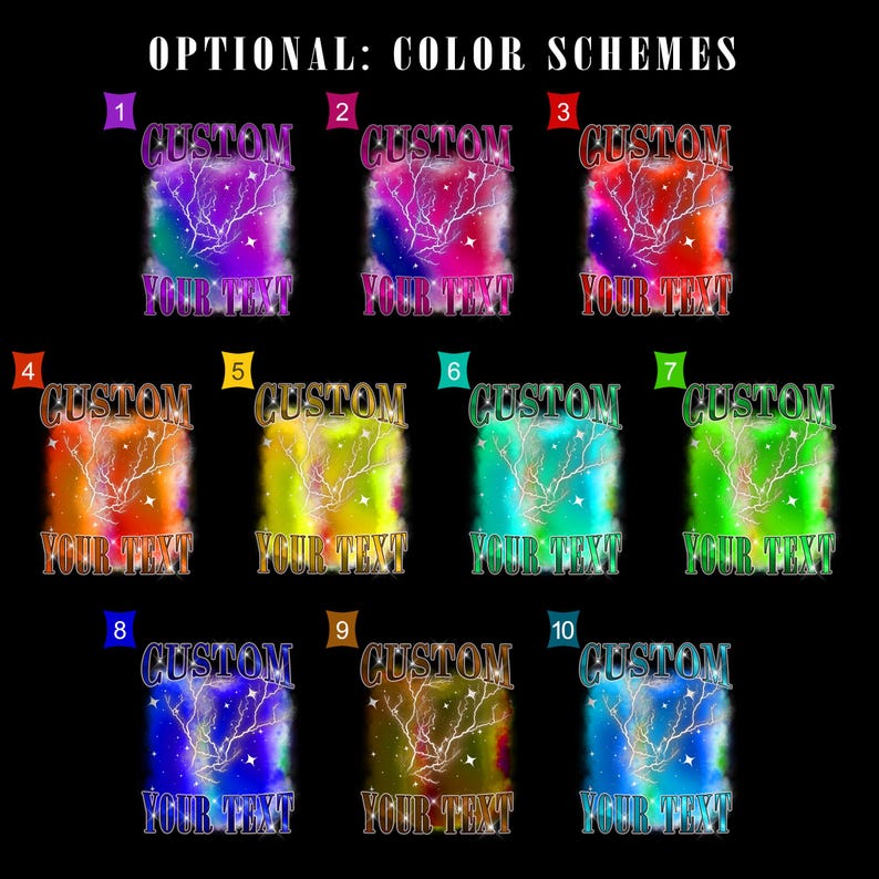 May include: A graphic design featuring ten color scheme options. Each design includes the word "CUSTOM" above the text "YOUR TEXT", with a lightning bolt and star design. The background colors vary, including purple, red, orange, and blue.