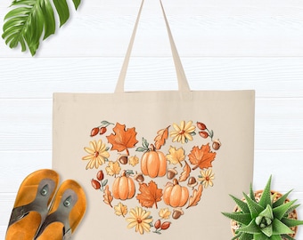 Fall Heart Zippered Tote Bag, Fall Pumpkin Tote Bag, Autumn Vibes Tote Bag, Fall Season Tote, Autumn Leaves Tote, Cute Thanksgiving Tote Bag