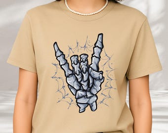 Skeleton Hand Shirt Rock and Roll Tee, Halloween Party Shirt, Rock Concert shirt, Skeleton Music Shirt, Rocker Gift, Vintage Band shirt