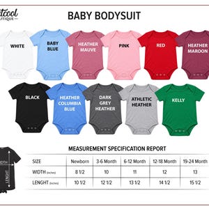 The image is a color chart displaying various baby bodysuits in different colors, along with a size chart that provides measurements for each color.