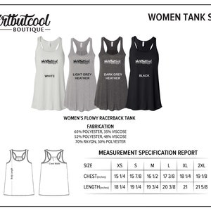 May include: Four women's racerback tank tops in white, light grey heather, dark grey heather, and black. The tanks have the text "shirtbutcool" on the front. A size chart shows chest and length measurements in inches.