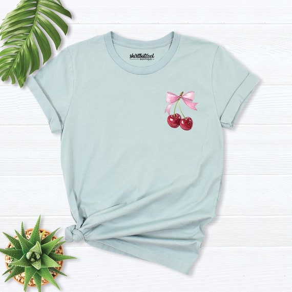 Cherry T-Shirt, Pink bow Cherry shirt, Fruit shirt, Summer Shirt, Vegan Food Shirt, Foodie Gift, Cherry Aesthetic Shirt,Cherry Love gift tee