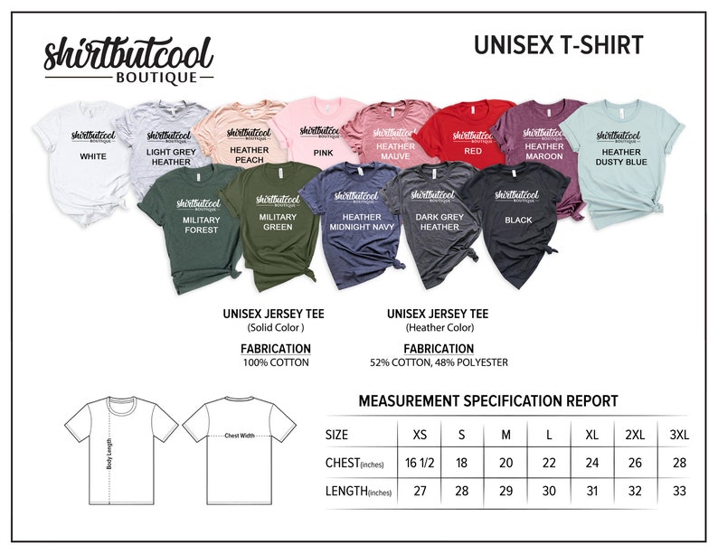 Puede incluir: Maqueta de camiseta unisex que muestra diferentes opciones de color. La camiseta est&aacute; disponible en blanco, gris claro jaspeado, melocot&oacute;n jaspeado, rosa, malva jaspeado, rojo, granate jaspeado, azul polvoriento jaspeado, bosque militar, verde militar, azul marino jaspeado, gris oscuro jaspeado y negro. La camiseta est&aacute; hecha de 100% algod&oacute;n o una mezcla de 52% algod&oacute;n y 48% poli&eacute;ster. La tabla de tallas muestra las medidas de pecho y longitud en pulgadas para las tallas XS, S, M, L, XL, 2XL y 3XL.