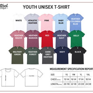 The image is a collage of various t-shirt designs, including different colors and styles, along with a measurement specification report for the youth unisex t-shirt.