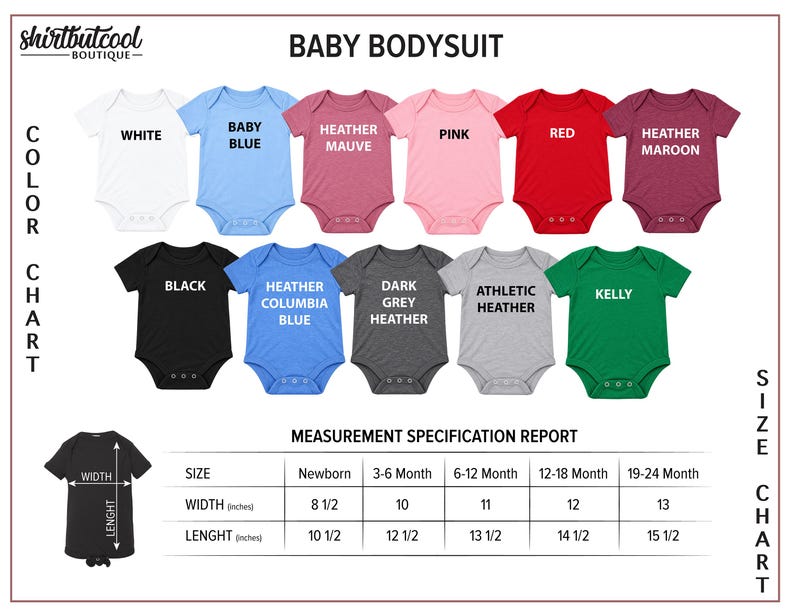 The image is a color chart displaying various baby bodysuits in different colors, along with a size chart that provides measurements for each color.