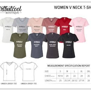 May include: A display of women's V-neck t-shirts in various colors, including white, light grey, heather peach, red, and black. Each shirt features the "shirtbutcool" boutique logo. The image also includes a measurement specification report with chest and length measurements in inches.