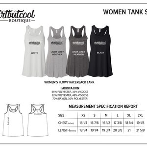 May include: A product image showcasing four women's racerback tank tops in white, light grey heather, dark grey heather, and black. The image includes the text "shirtbutcool BOUTIQUE" and a measurement specification report with chest and length measurements in inches.
