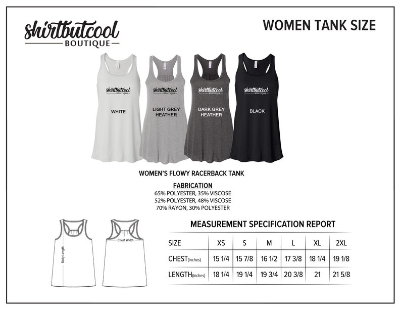 May include: A product image showcasing four women's racerback tank tops in white, light grey heather, dark grey heather, and black. The image includes the text "shirtbutcool BOUTIQUE" and a measurement specification report with chest and length measurements in inches.