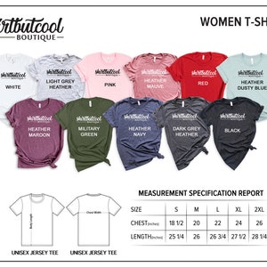 May include: A collection of women's t-shirts in various colors, including white, pink, red, and black. Each shirt displays the "shirtbutcool boutique" logo. The image also includes a measurement specification report with chest and length measurements in inches.