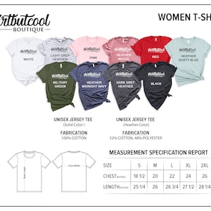 Peut inclure: Un tableau pr&eacute;sentant diff&eacute;rentes couleurs de t-shirts pour femmes avec le texte "shirtbutcool BOUTIQUE" en haut. Le tableau comprend &eacute;galement la composition du tissu et le tableau des tailles avec des mesures en pouces. Les t-shirts sont disponibles en blanc, gris clair chin&eacute;, rose, mauve chin&eacute;, rouge, bleu chin&eacute;, vert militaire, bleu nuit chin&eacute;, gris fonc&eacute; chin&eacute; et noir.