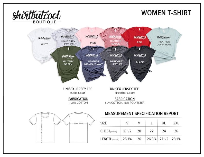 Peut inclure: Un tableau pr&eacute;sentant diff&eacute;rentes couleurs de t-shirts pour femmes avec le texte "shirtbutcool BOUTIQUE" en haut. Le tableau comprend &eacute;galement la composition du tissu et le tableau des tailles avec des mesures en pouces. Les t-shirts sont disponibles en blanc, gris clair chin&eacute;, rose, mauve chin&eacute;, rouge, bleu chin&eacute;, vert militaire, bleu nuit chin&eacute;, gris fonc&eacute; chin&eacute; et noir.