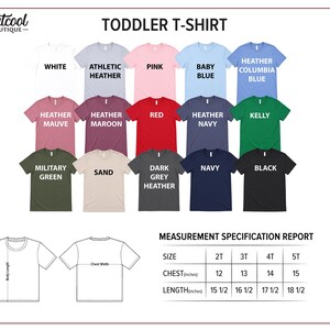 The image is a color chart displaying various toddler t-shirt designs, along with a measurement specification report for the size chart.