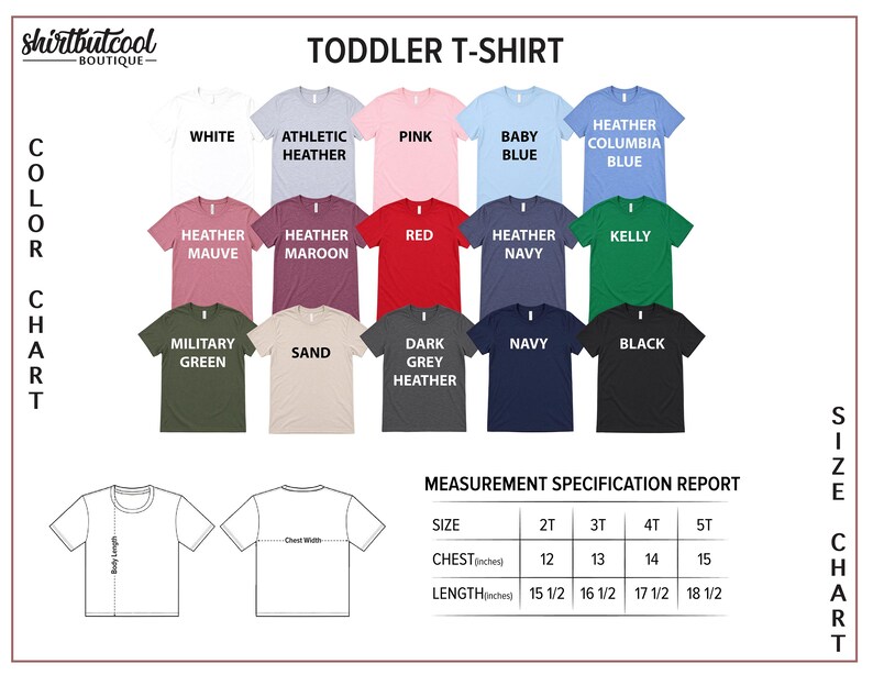 The image is a color chart displaying various toddler t-shirt designs, along with a measurement specification report for the size chart.