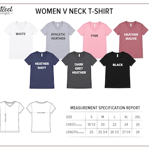 a collection of t-shirt designs in various colors and styles, including a women's neck t-shirt. The t-shirts are arranged in a chart format, providing size specifications for each design.