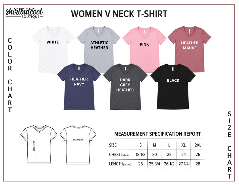 a collection of t-shirt designs in various colors and styles, including a women's neck t-shirt. The t-shirts are arranged in a chart format, providing size specifications for each design.
