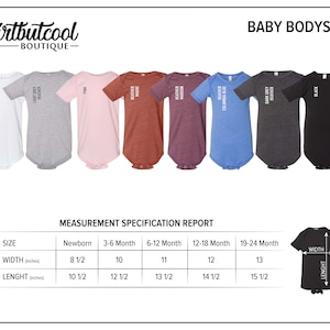 May include: A collection of baby bodysuits in various colors, including white, light grey, pink, and black. Each bodysuit has a printed label. The image also includes a measurement specification report with sizes ranging from newborn to 19-24 months.