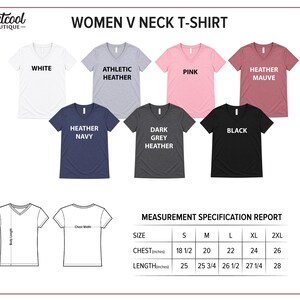 a collection of t-shirt designs in various colors and styles, including a women's neck t-shirt. The t-shirts are arranged in a chart format, providing size specifications for each design.