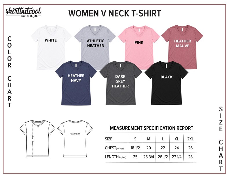 a collection of t-shirt designs in various colors and styles, including a women's neck t-shirt. The t-shirts are arranged in a chart format, providing size specifications for each design.
