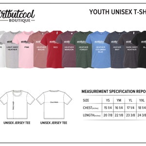 May include: A selection of youth unisex t-shirts in various colors, including white, pink, and black. The image displays a measurement specification report with chest and length measurements in inches. The brand name "shirtbutcool BOUTIQUE" is visible.