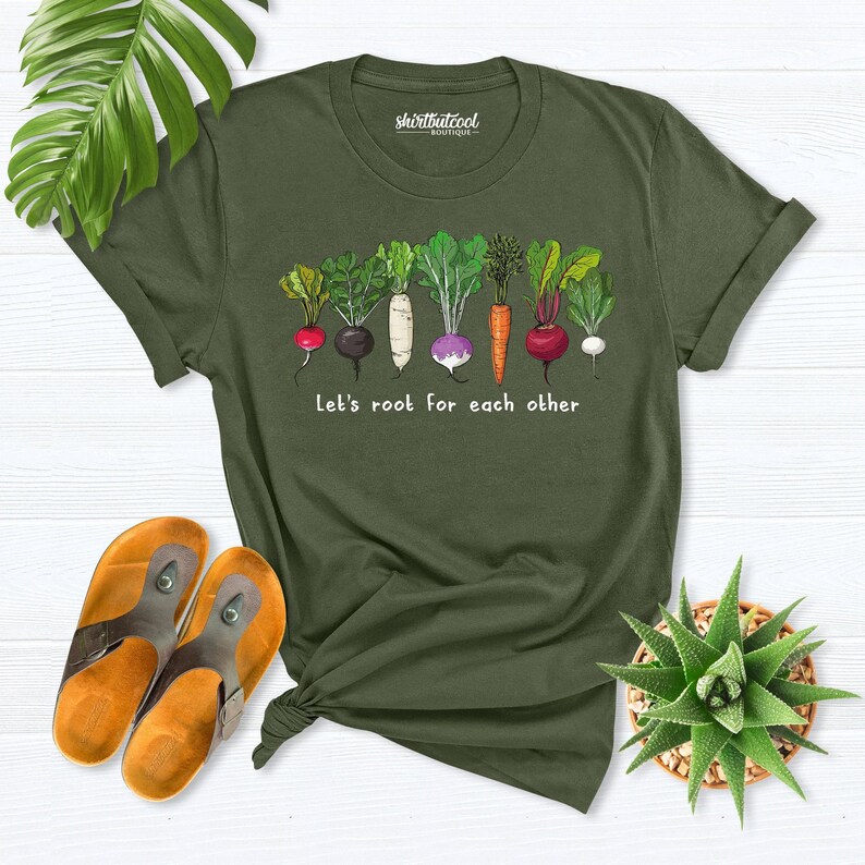 Vegetable Shirt, Lets Roots For Each Other Shirt, gardening shirt, plant lover shirt, Spring Gardening Vegetable Green Thumb carrot Turnip image 1