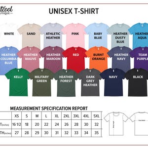 The image is a color chart displaying various colored t-shirts, along with a measurement specification report for the t-shirts.