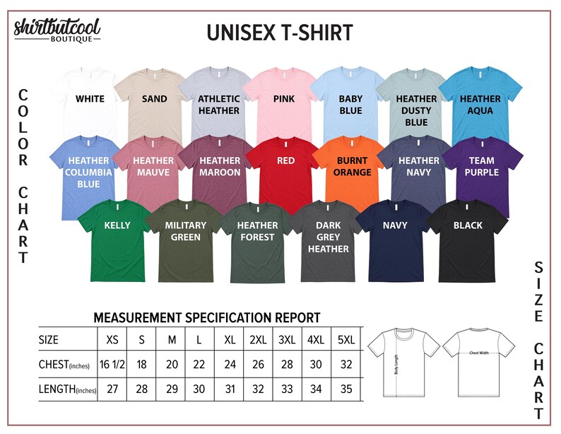 The image is a color chart displaying various colored t-shirts, along with a measurement specification report for the t-shirts.