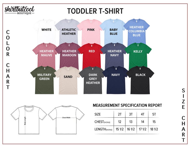 The image is a color chart displaying various toddler t-shirt designs, along with a measurement specification report for the size chart.