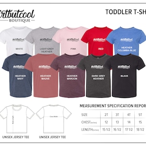 May include: A collection of toddler t-shirts in various colors, including white, pink, red, and navy. Each shirt displays the "shirtbutcool" logo. The image also includes a measurement specification report with chest and length measurements in inches for sizes 2T to 5T.