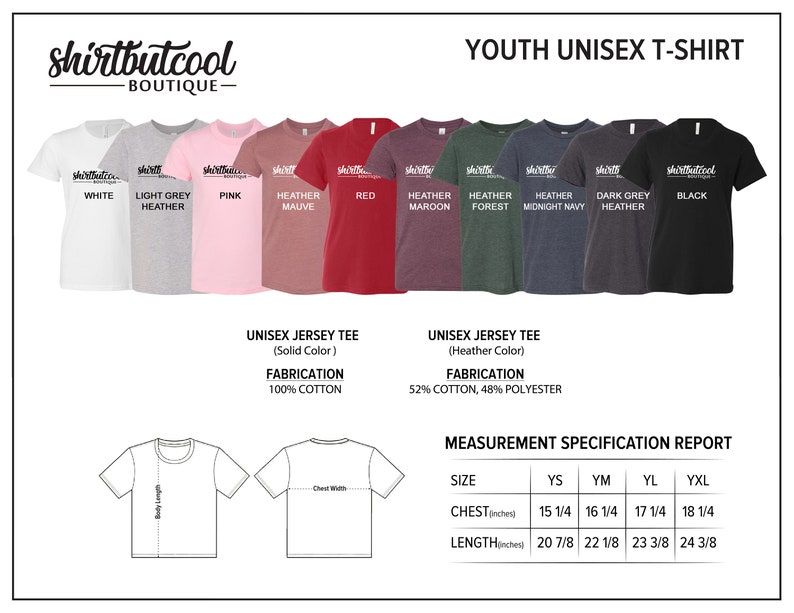 Peut inclure: Maquette de t-shirt unisexe pour enfants montrant diff&eacute;rentes options de couleurs. Le t-shirt est disponible en blanc, gris chin&eacute; clair, rose, mauve chin&eacute;, rouge, bordeaux chin&eacute;, for&ecirc;t chin&eacute;, bleu marine, gris chin&eacute; fonc&eacute; et noir. Le t-shirt est compos&eacute; de 100 % coton ou d'un m&eacute;lange de 52 % coton et 48 % polyester. Le tableau des tailles indique les mesures en pouces pour la poitrine et la longueur.