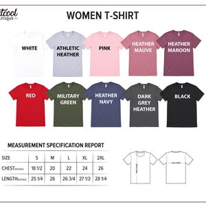 The image is a color chart displaying various women's t-shirt designs, including different colors and styles.