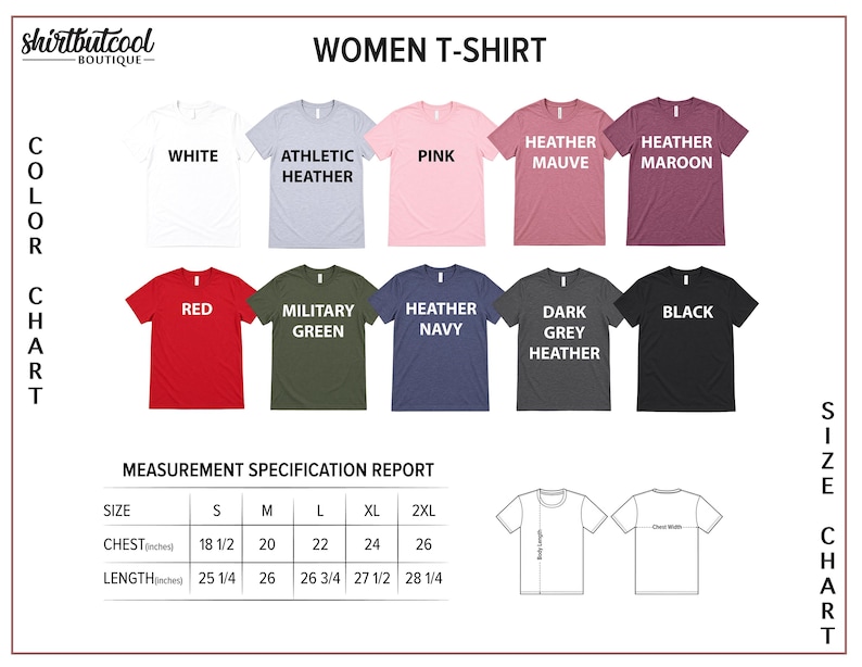 The image is a color chart displaying various women's t-shirt designs, including different colors and styles.
