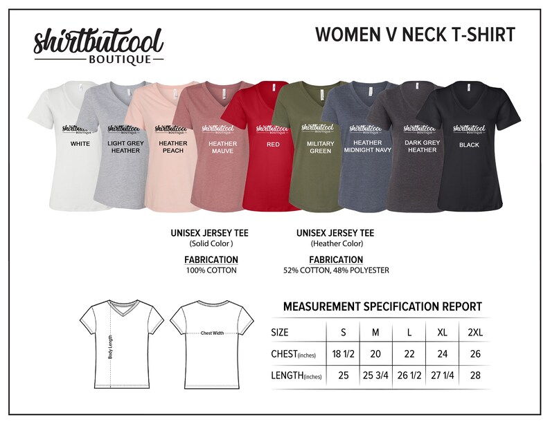 Peut inclure: T-shirt &agrave; col en V pour femme disponible dans une vari&eacute;t&eacute; de couleurs, notamment blanc, gris chin&eacute; clair, p&ecirc;che chin&eacute;, mauve chin&eacute;, rouge, vert militaire, bleu nuit chin&eacute;, gris chin&eacute; fonc&eacute; et noir. Le t-shirt est compos&eacute; de 52 % de coton et de 48 % de polyester. Un tableau des tailles indique les mesures de la poitrine et de la longueur en pouces pour les tailles S, M, L, XL et 2XL.