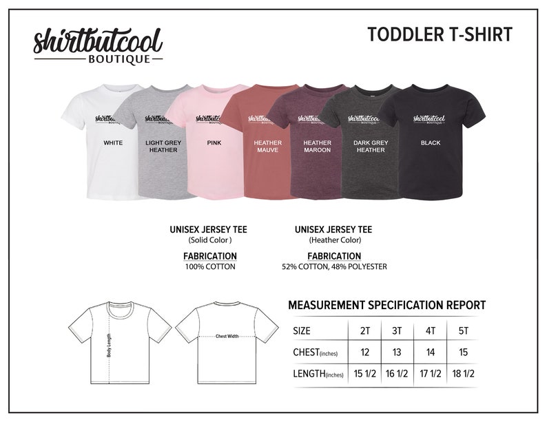 Peut inclure: Un tableau des tailles pour t-shirts pour tout-petits avec des mesures en pouces. Le tableau indique les mesures de la poitrine et de la longueur pour les tailles 2T, 3T, 4T et 5T. Le tableau comprend &eacute;galement des informations sur la composition du tissu des chemises, qui sont faites de 100% coton ou d'un m&eacute;lange de 52% coton et 48% polyester.