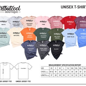 May include: A display of unisex t-shirts in various colors, including white, pink, and red. The shirts have the text "shirtbutcool BOUTIQUE" printed on them. A measurement chart is also included, detailing chest and length measurements in inches.