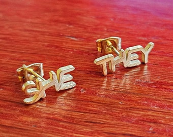 Gold Pronoun Stud Earrings - she/they or they/she