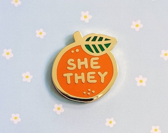 Pronoun Orange Pin - she/they