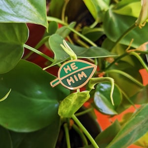 Puede incluir: Un pin de color dorado con forma de hoja verde con las palabras "HE HIM" escritas en &eacute;l.