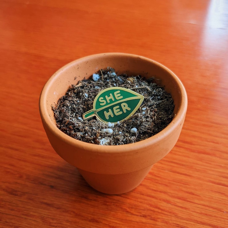 May include: A green leaf-shaped enamel pin with the words "SHE HER" in gold lettering. The pin is sitting in a terracotta pot filled with dark brown soil.